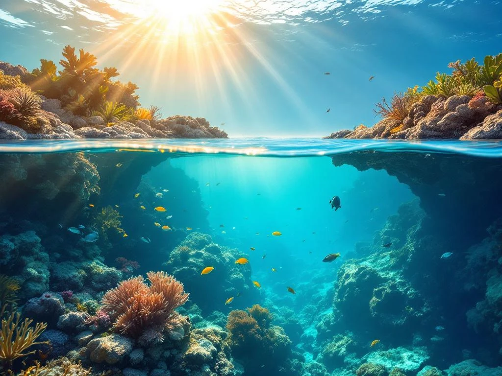 Split-level underwater view of Aruba's coral reef showing shallow turquoise waters above and deep blue depths below with sunbeams