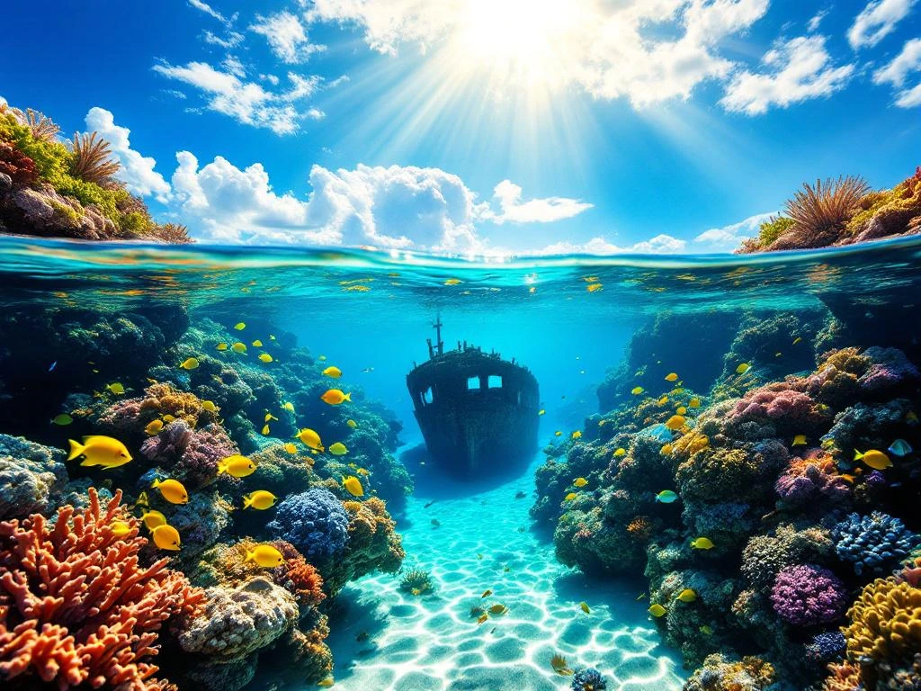 Vibrant Caribbean coral reef with tropical fish, sunbeams, and WWII shipwreck in turquoise water near Aruba coast