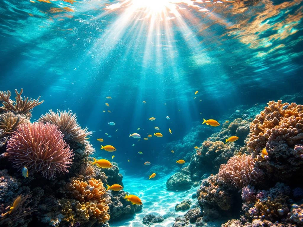 Vibrant coral reef in Aruba's turquoise waters with tropical fish swimming among colorful corals and dramatic sunlight rays.