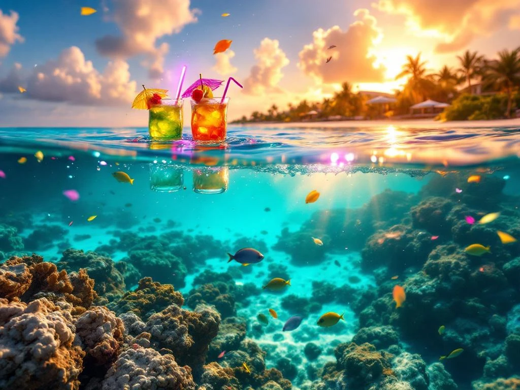 Tropical cocktails floating on turquoise Aruba water with coral reef, fish, and sunset rays in split underwater view