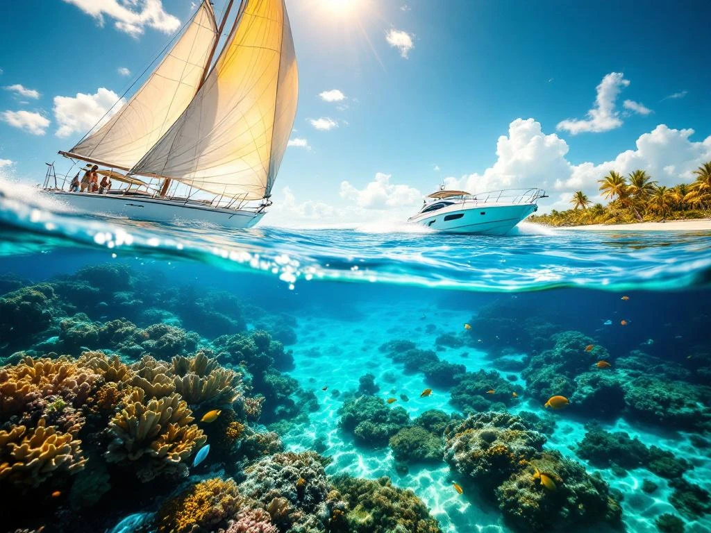 Split-view of Aruba's turquoise waters with sailboat and motorboat above, coral reef and tropical fish below waterline