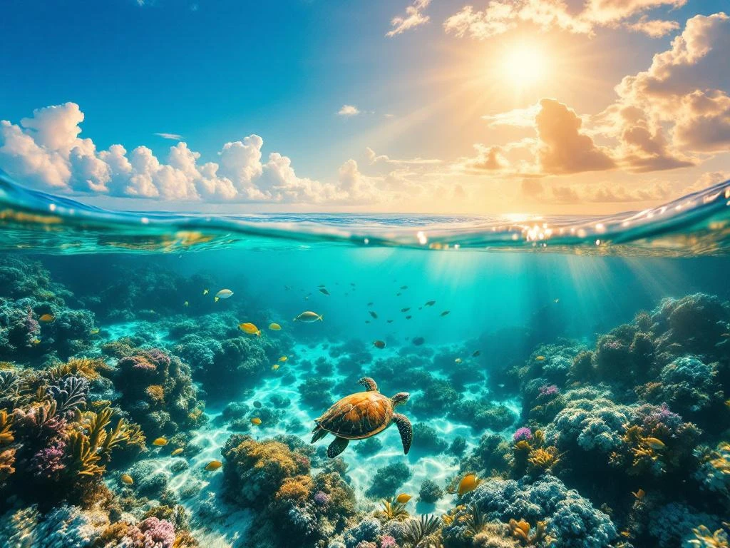 Split-level view of Aruba's turquoise Caribbean waters with coral reefs, tropical fish, and sea turtles beneath the surface