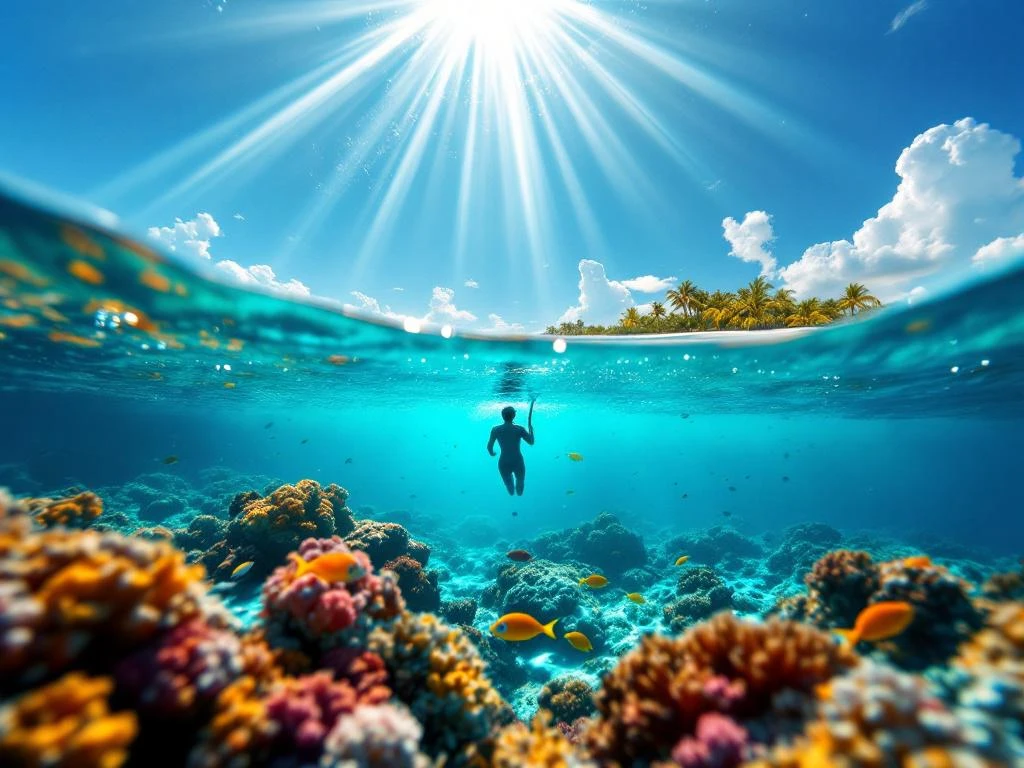 Underwater view of Caribbean coral reef with tropical fish, snorkeler, and Aruba's palm-lined beach above surface