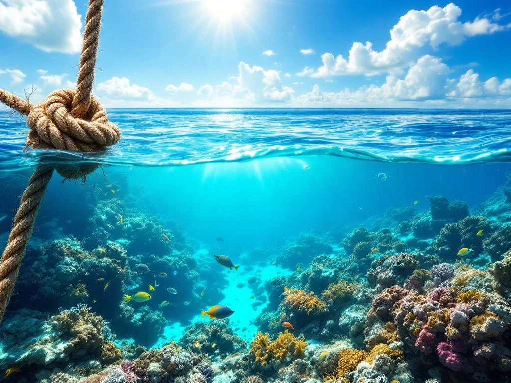 Split view of Aruba's turquoise Caribbean waters with coral reef, tropical fish below and azure sky above white sand beach
