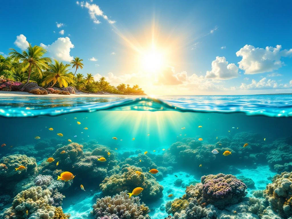 Split-level view of Aruba's turquoise Caribbean waters with coral reefs, tropical fish, and sunlight rays underwater