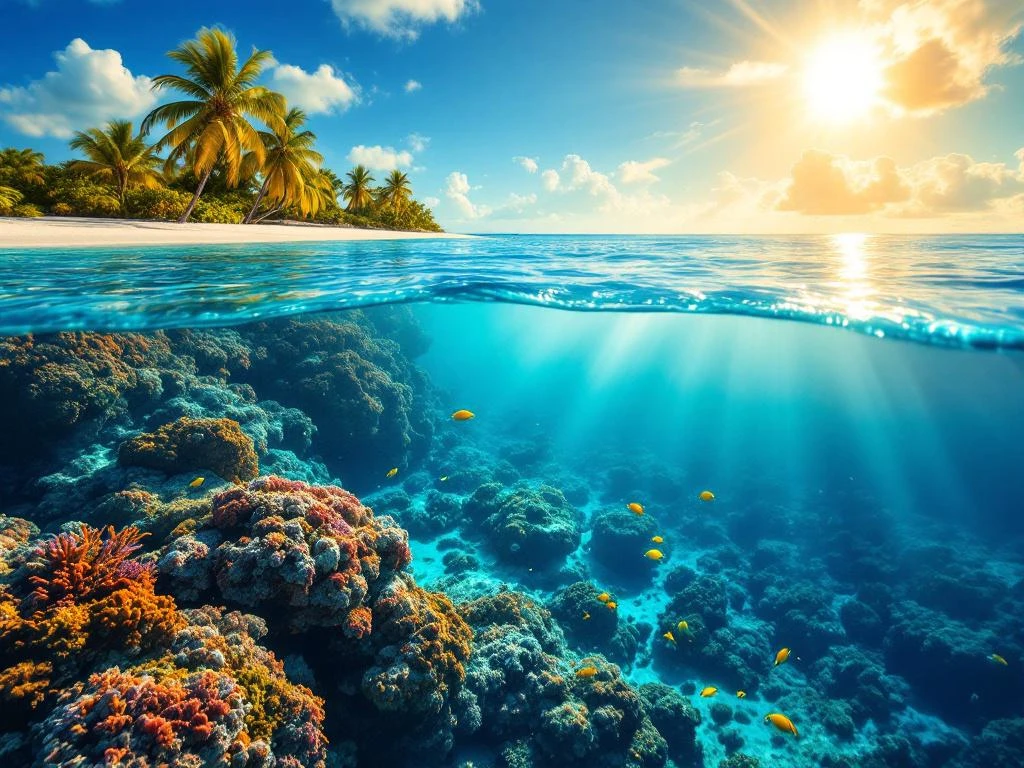 Split view of Aruba's turquoise Caribbean waters showing coral reef with tropical fish below and palm-lined beach above