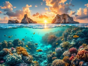 Split-view of Aruba's turquoise Caribbean waters at sunset showing coral reefs with tropical fish below and coastline above