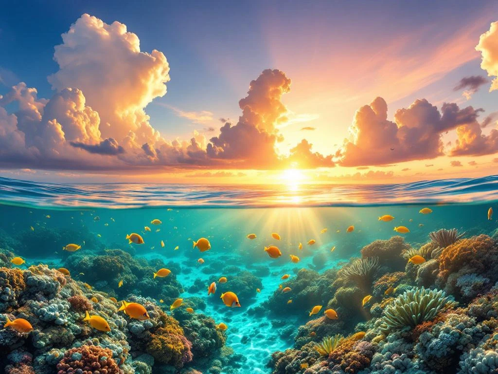 Split view of Aruba's turquoise waters with coral reef, tropical fish below and Caribbean sunset sky above