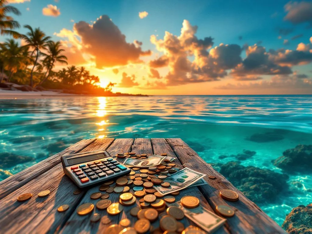Weathered dock with scattered money and calculator over turquoise Caribbean waters at sunset in Aruba