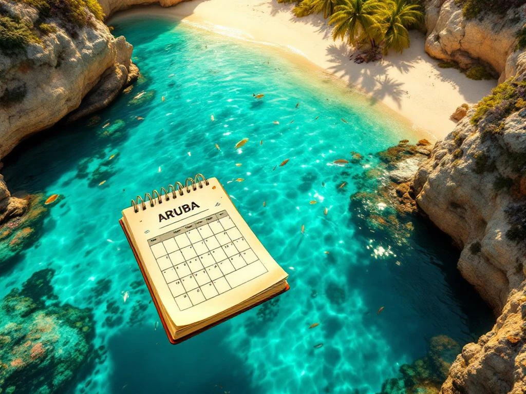 Aerial view of Aruba's turquoise Caribbean waters at sunset with floating calendar, white beaches, and coral reefs