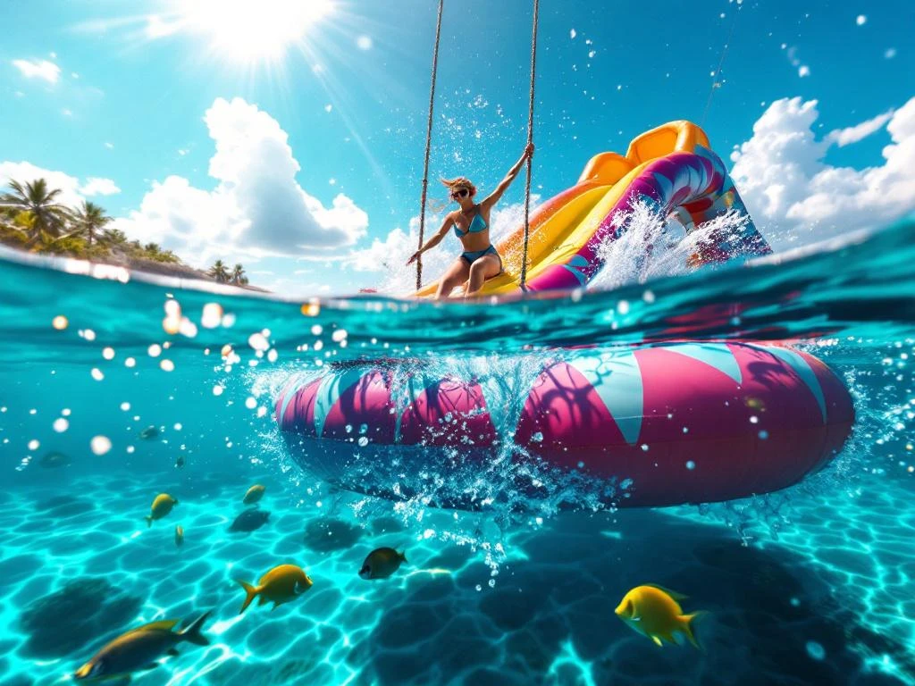 Inflatable water slide floating on turquoise Caribbean waters with snorkeling gear, rope swing, and tropical fish in Aruba