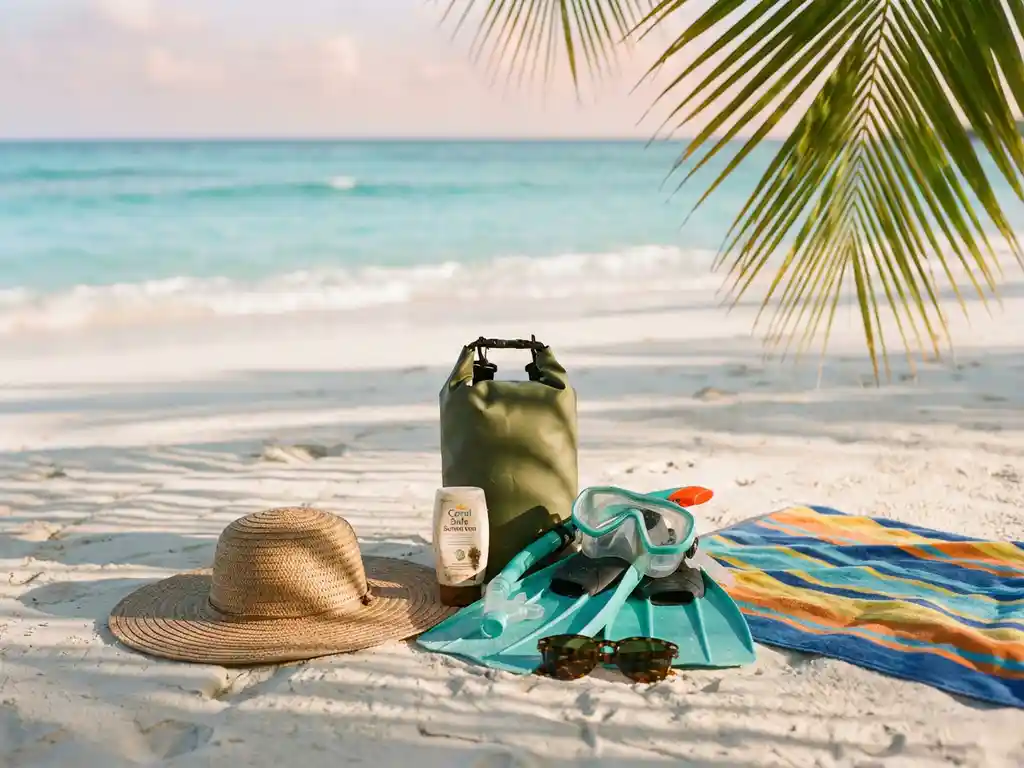 Pristine white sandy beach with turquoise water and essential charter items including sun hat, sunscreen, and snorkeling gear