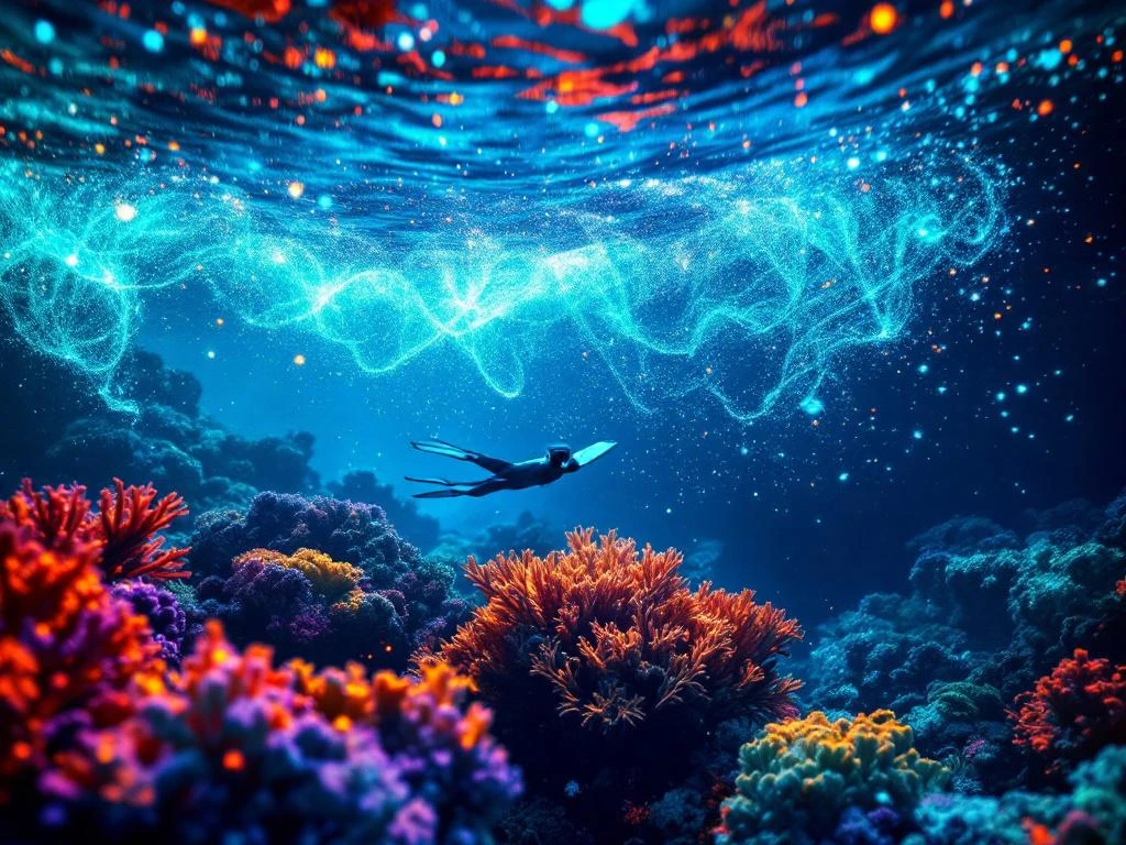 Bioluminescent plankton glowing electric blue around Aruba's coral reef at twilight with snorkel gear in foreground