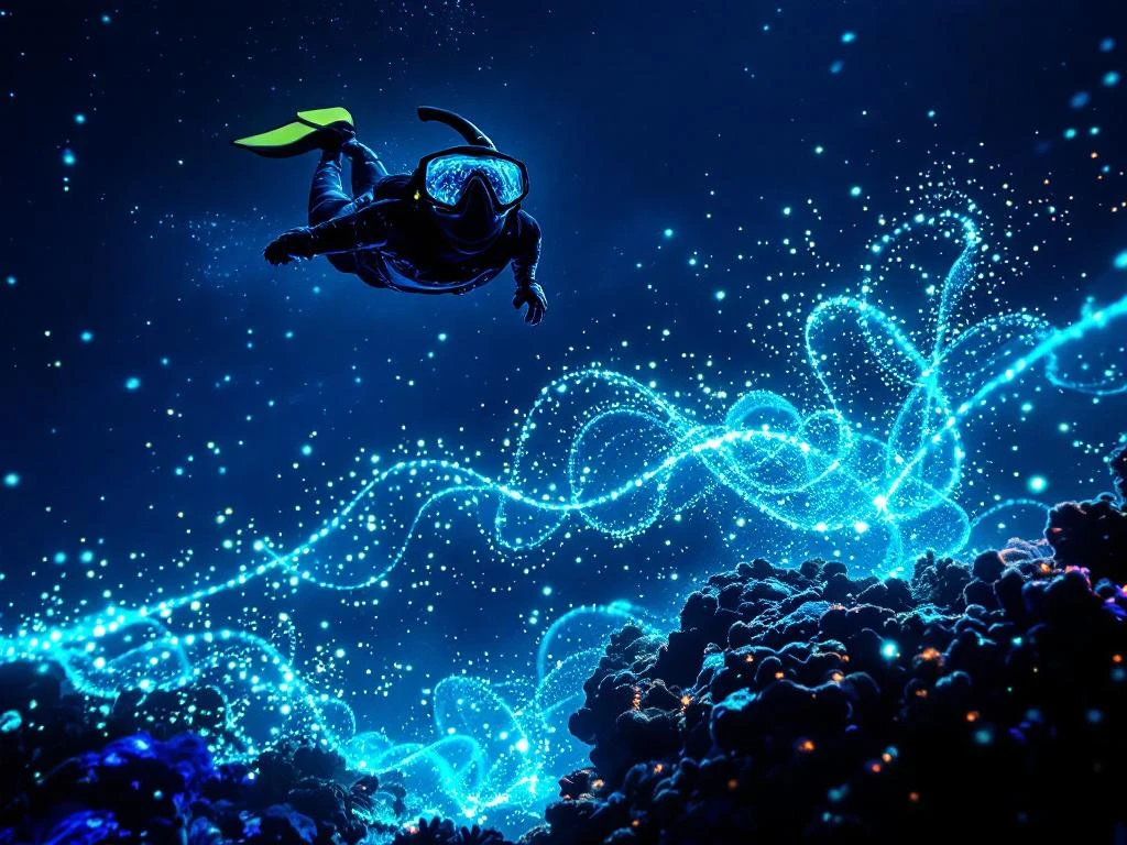 Bioluminescent plankton glowing electric blue in Caribbean waters near coral reef with snorkeling gear in Aruba at night