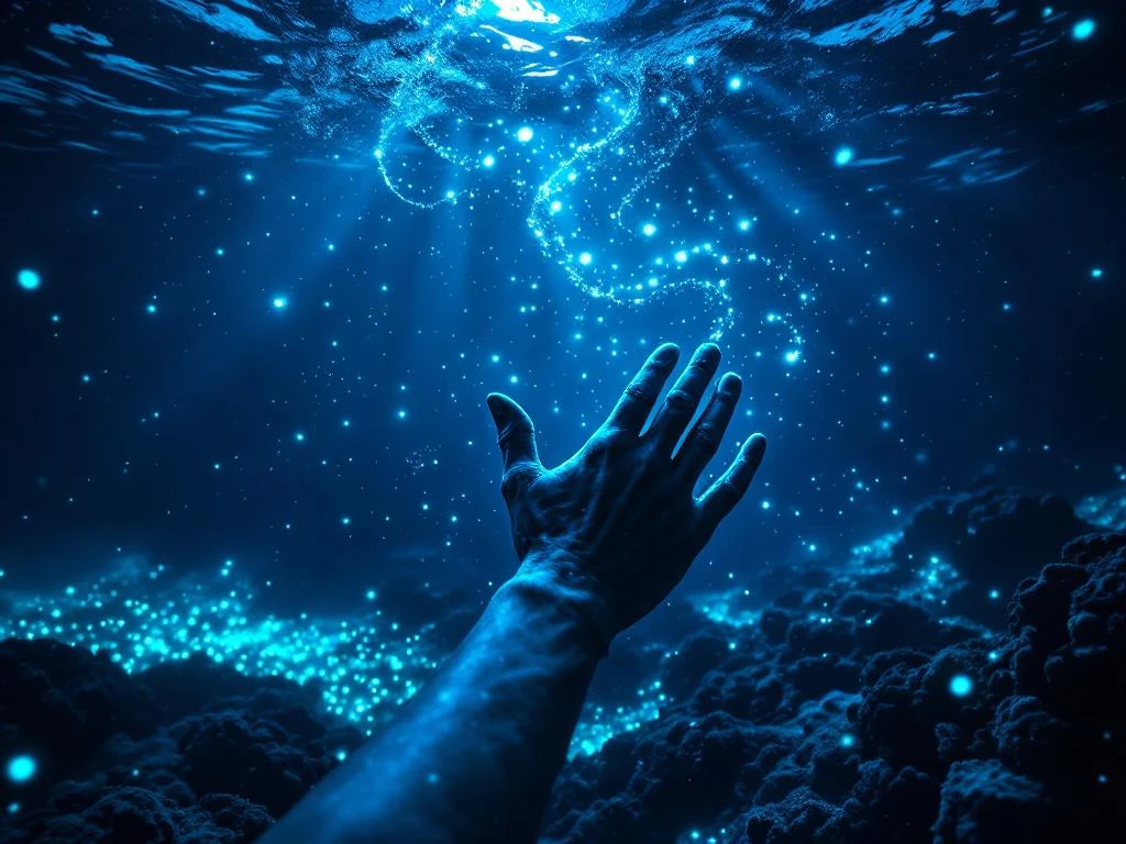 Snorkeler's hand reaching toward glowing bioluminescent plankton creating light trails in dark Caribbean ocean waters at night