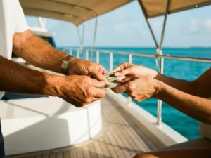 Boat captain's weathered hands receiving cash payment from passenger on white yacht deck over turquoise Caribbean waters.