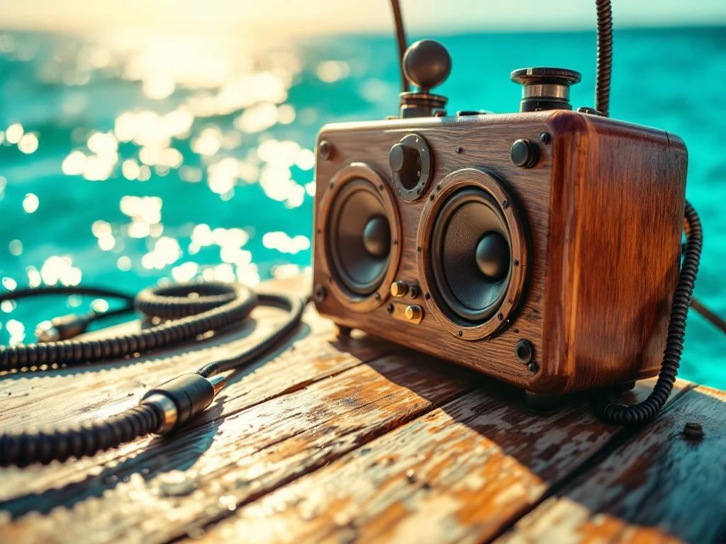 Vintage wooden speakers on teak boat deck with turquoise Caribbean waters and golden sunlight in background