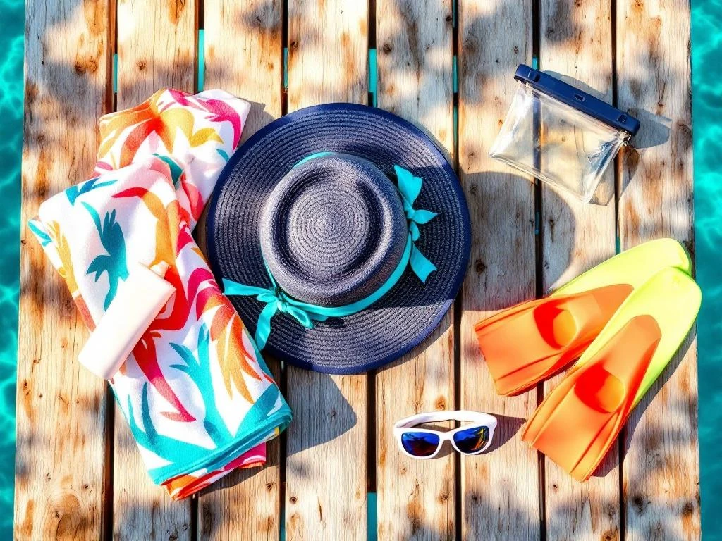 Boat tour essentials arranged on wooden dock including straw hat, sunscreen, sunglasses, and swim fins beside turquoise water
