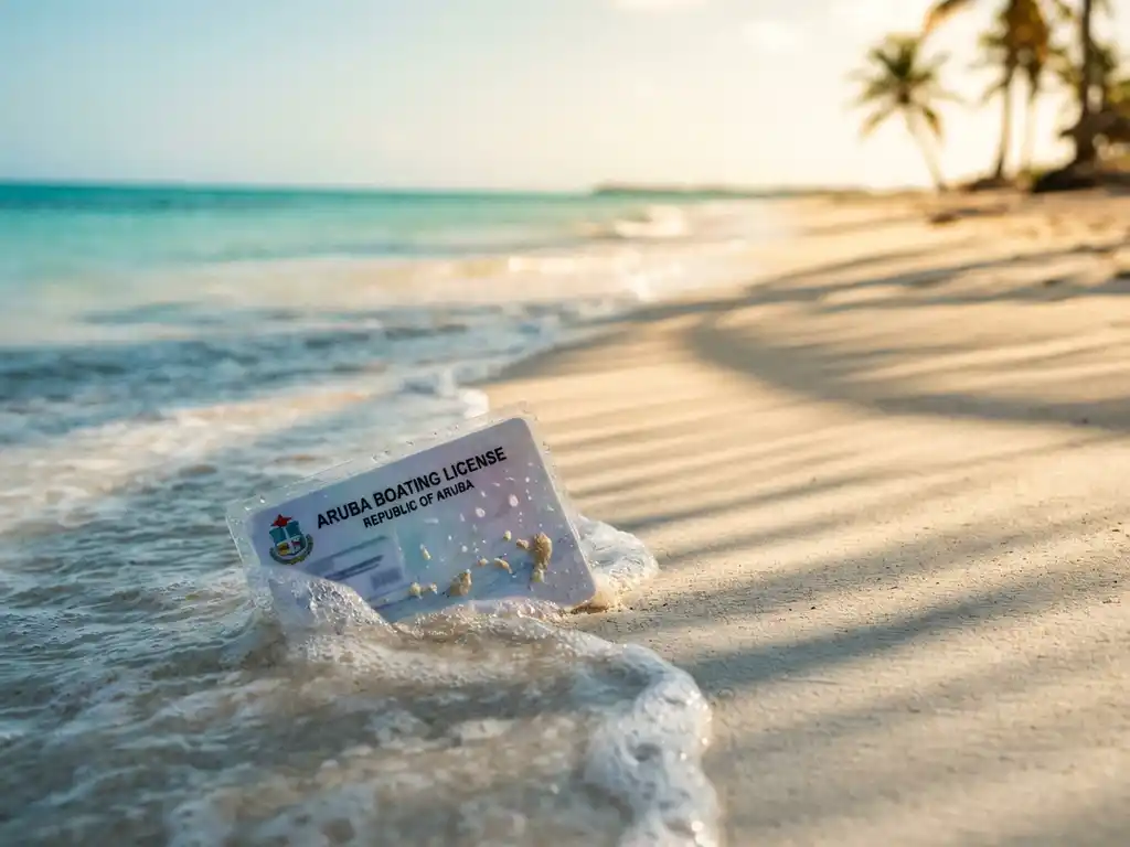 Boating license document on white sandy beach in Aruba with turquoise water and palm shadows during golden hour