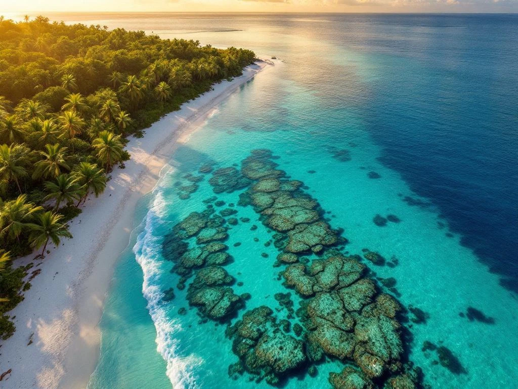 Aerial view of Boca Catalina's turquoise lagoon and white sand beach in Aruba with coral formations and tropical coastline.