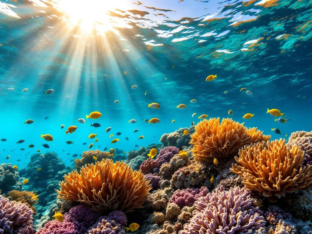 Vibrant coral reef at Boca Catalina with colorful tropical fish swimming among orange and purple corals in clear blue water