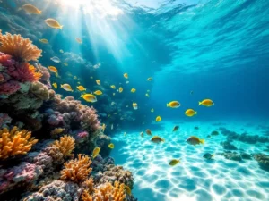 Crystal-clear turquoise waters at Boca Catalina, Aruba with vibrant coral reef and tropical fish swimming in sunlit sea