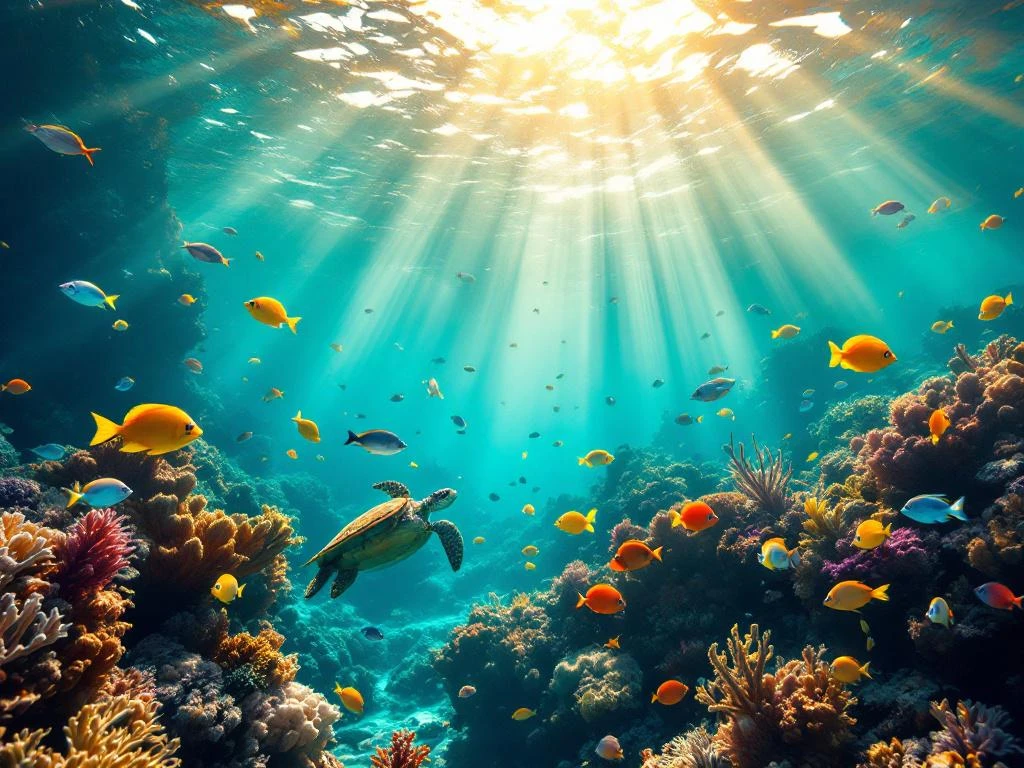 Underwater scene at Boca Catalina, Aruba with colorful tropical fish, sea turtles, and coral in crystal-clear Caribbean waters