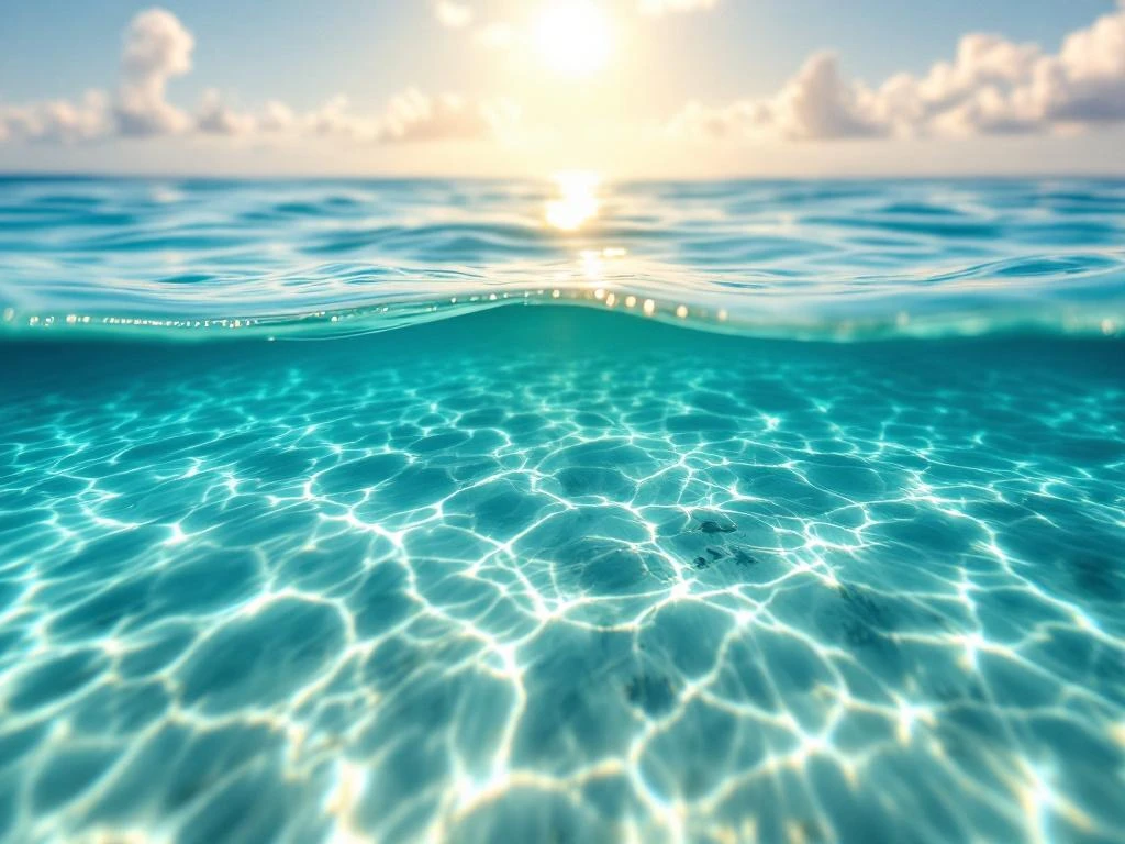 Crystal-clear turquoise Caribbean water with vibrant coral and tropical fish visible beneath calm, sunlit surface in Aruba