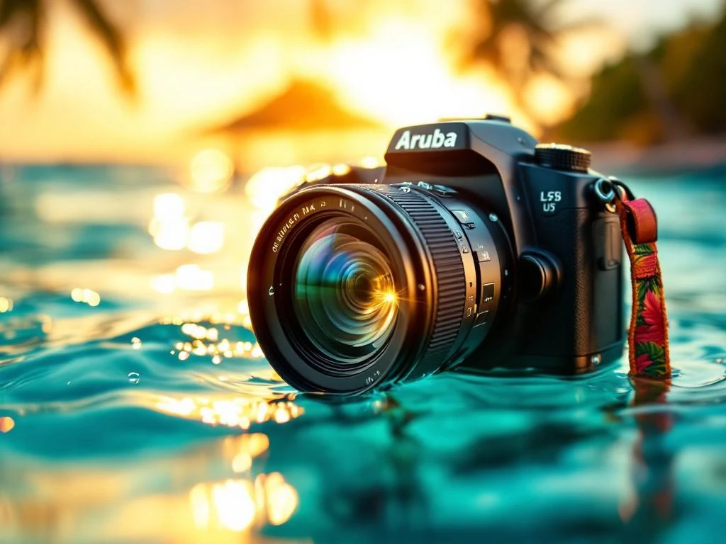 Professional camera with water droplets on lens against turquoise Caribbean waters at sunset with snorkeling gear