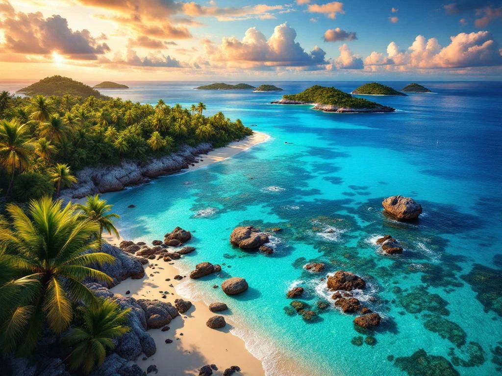 Aerial view of turquoise Caribbean waters, white sand beaches, coral reefs, and tropical islands at golden hour sunset