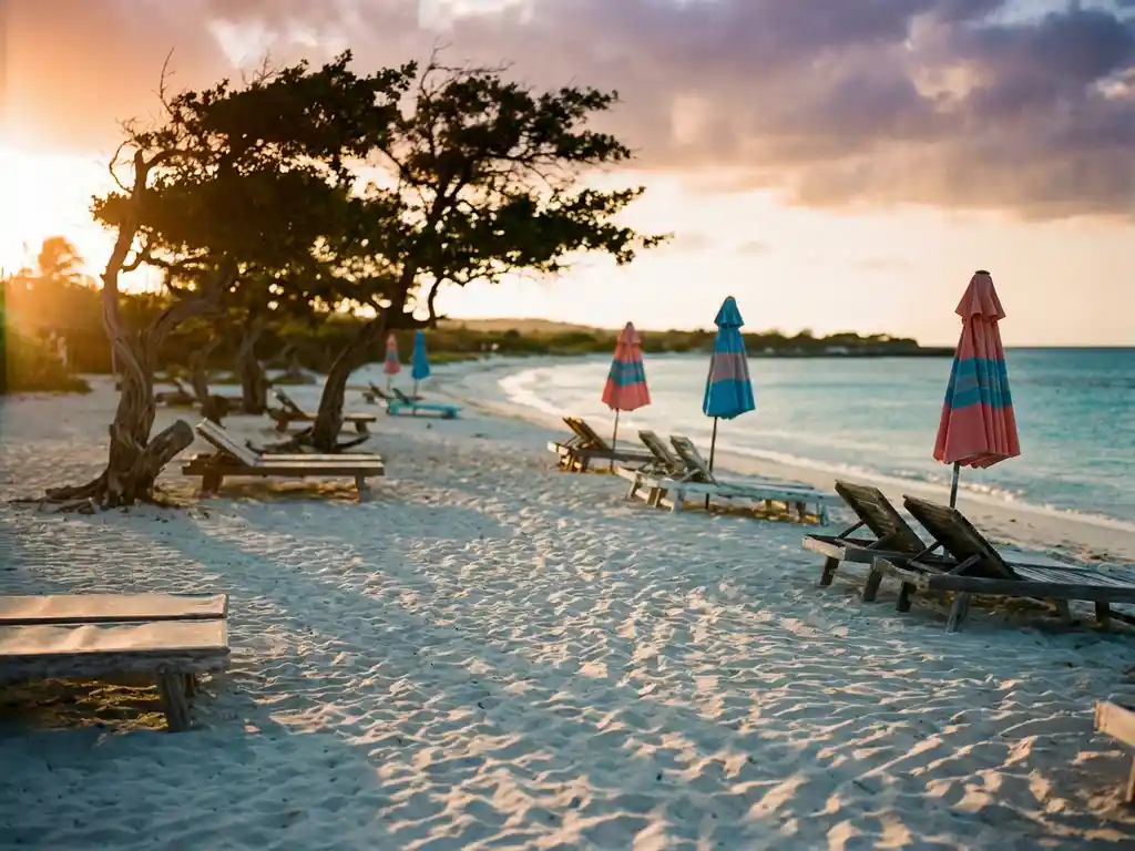 White sand Caribbean beach with bent divi-divi trees, turquoise waters, colorful umbrellas and lounge chairs during golden hour