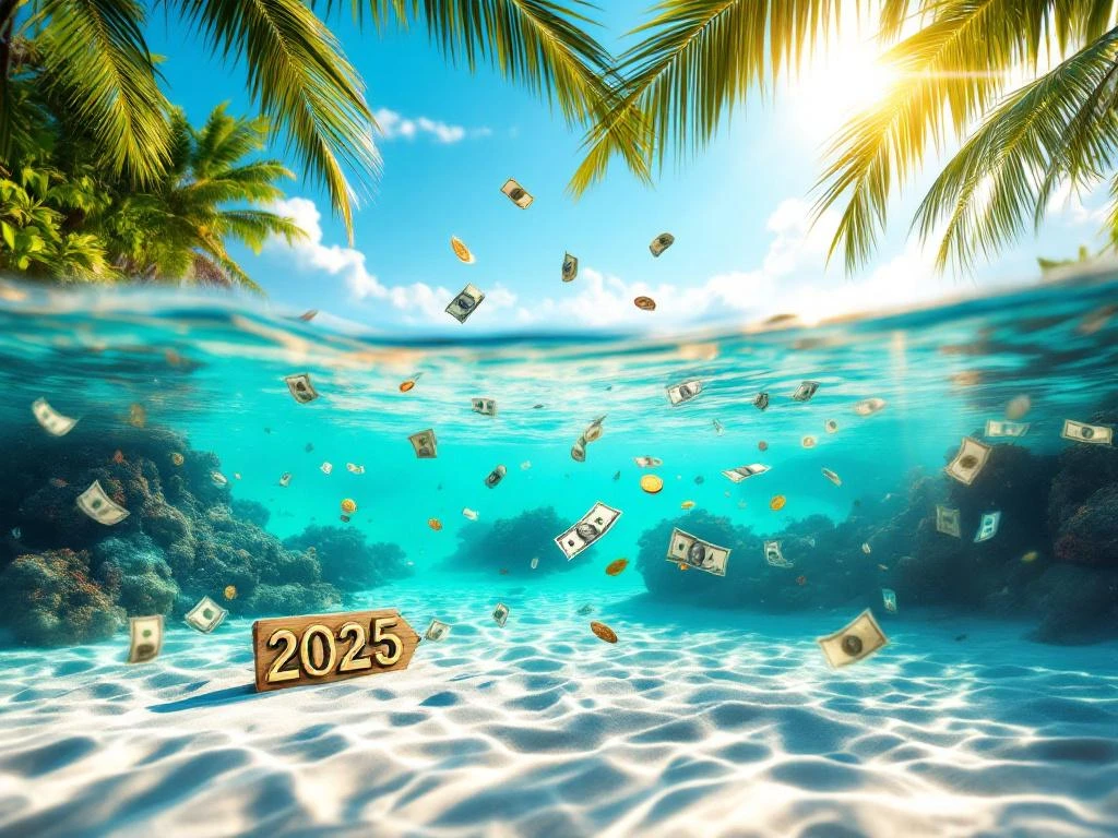 Caribbean beach with turquoise water, white sand, floating money underwater, coral reef, and 2025 price tag on shore