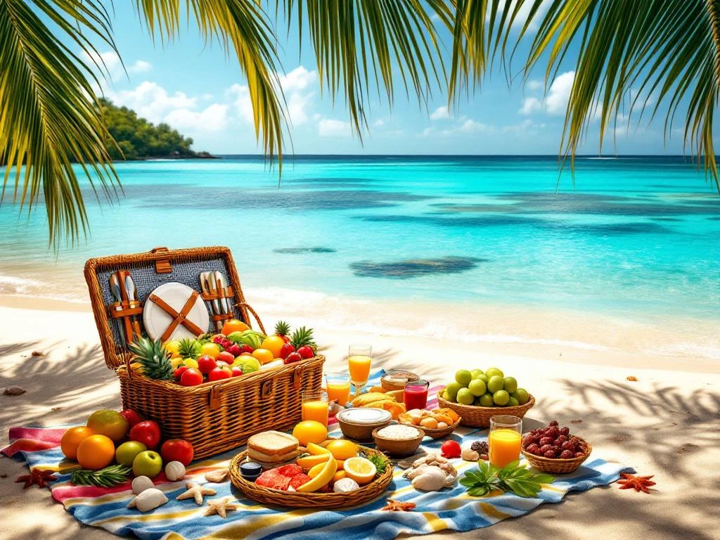 Open wicker picnic basket with tropical fruits on golden Caribbean beach with turquoise waters and coral reefs visible
