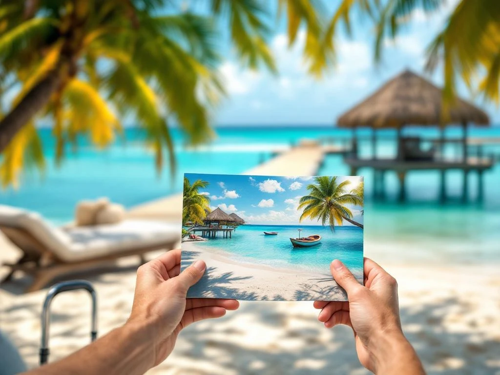 Elderly hands holding colorful travel brochure on Caribbean beach with turquoise waters, white sand, and wooden pier