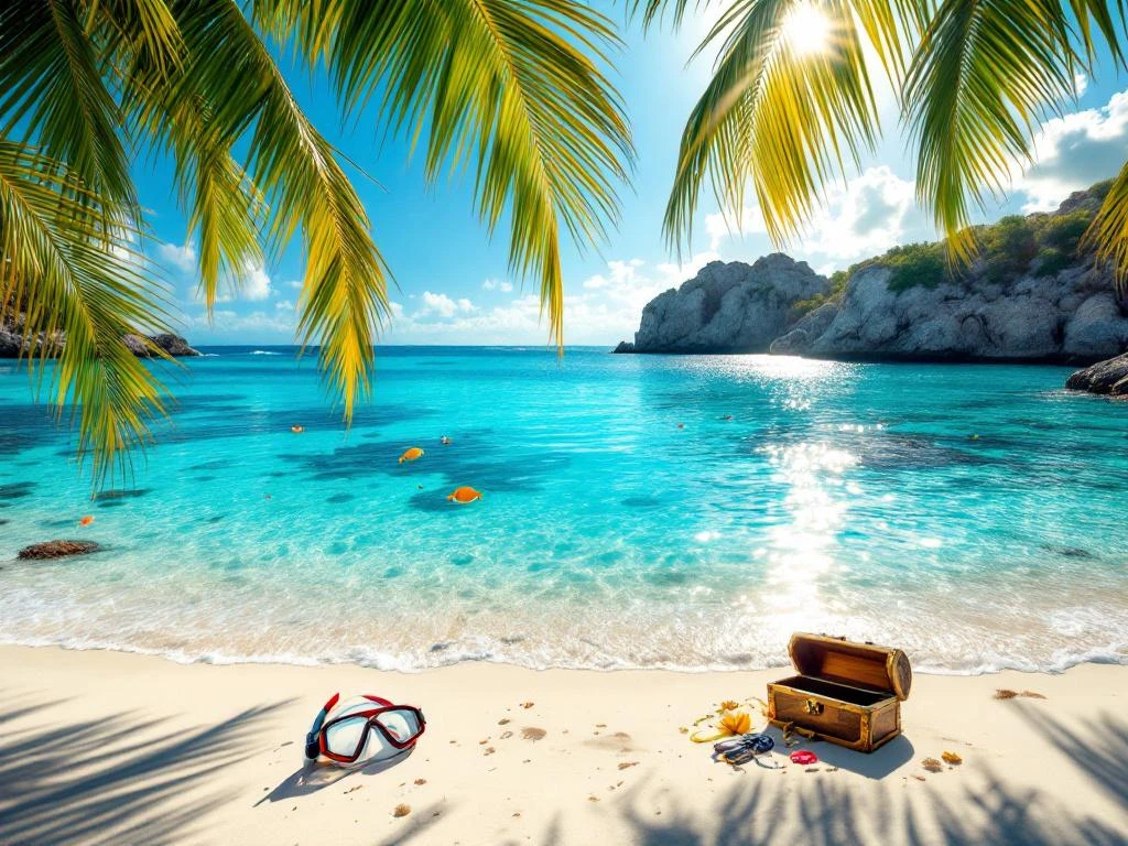 Caribbean beach with turquoise waters, white sand, coral reefs, palm trees, and snorkeling gear on Aruba coastline