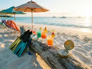 White sand Caribbean beach with turquoise waters, colorful umbrellas, snorkeling gear, tropical cocktails on driftwood, and vintage compass pointing toward sailing boats at golden hour.