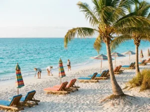 White sand beach with turquoise Caribbean waters, colorful umbrellas, palm trees, and tourists collecting seashells at golden hour