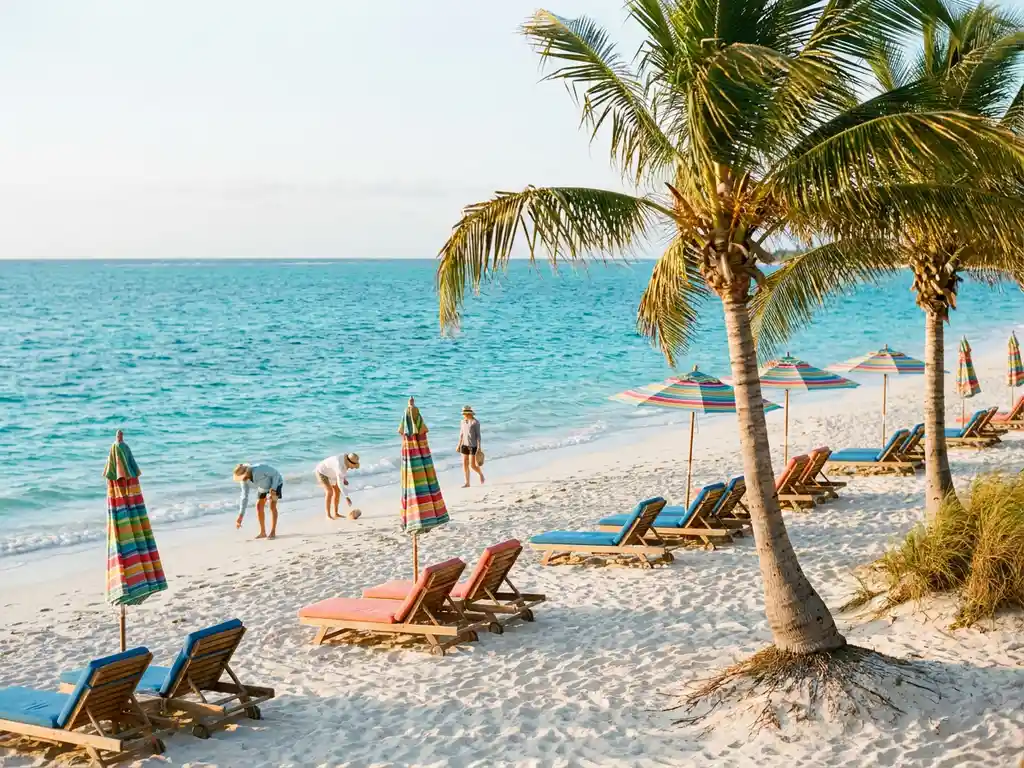 White sand beach with turquoise Caribbean waters, colorful umbrellas, palm trees, and tourists collecting seashells at golden hour