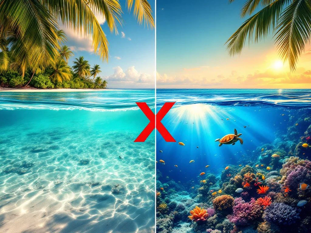 Split view of Caribbean beach and underwater scene with coral reef, tropical fish, and sea turtles at golden hour