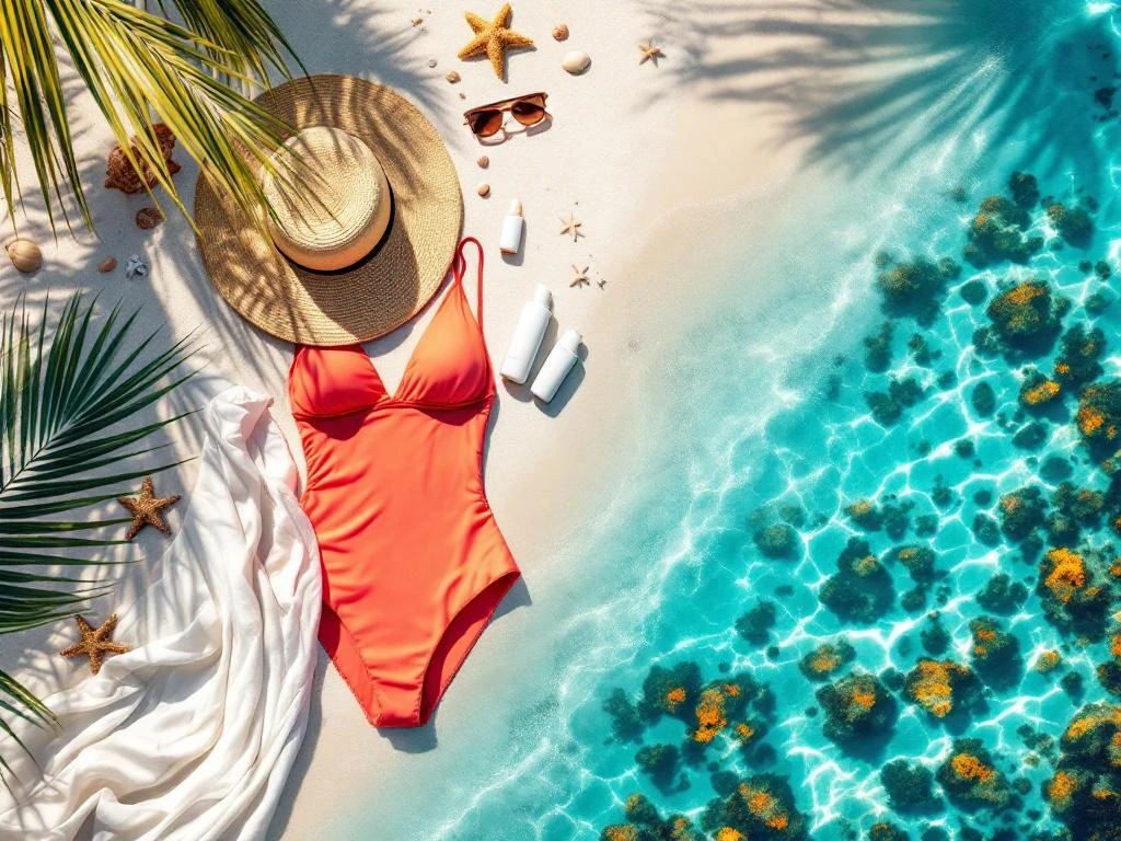 Caribbean boat tour essentials including swimwear, sun hat, sunglasses and sunscreen arranged on white sand beach with turquoise water.