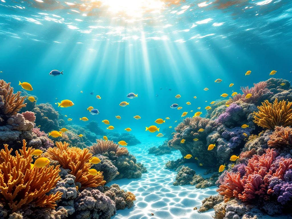 Vibrant Caribbean coral reef with colorful tropical fish, orange and purple corals, and sunbeams in turquoise water