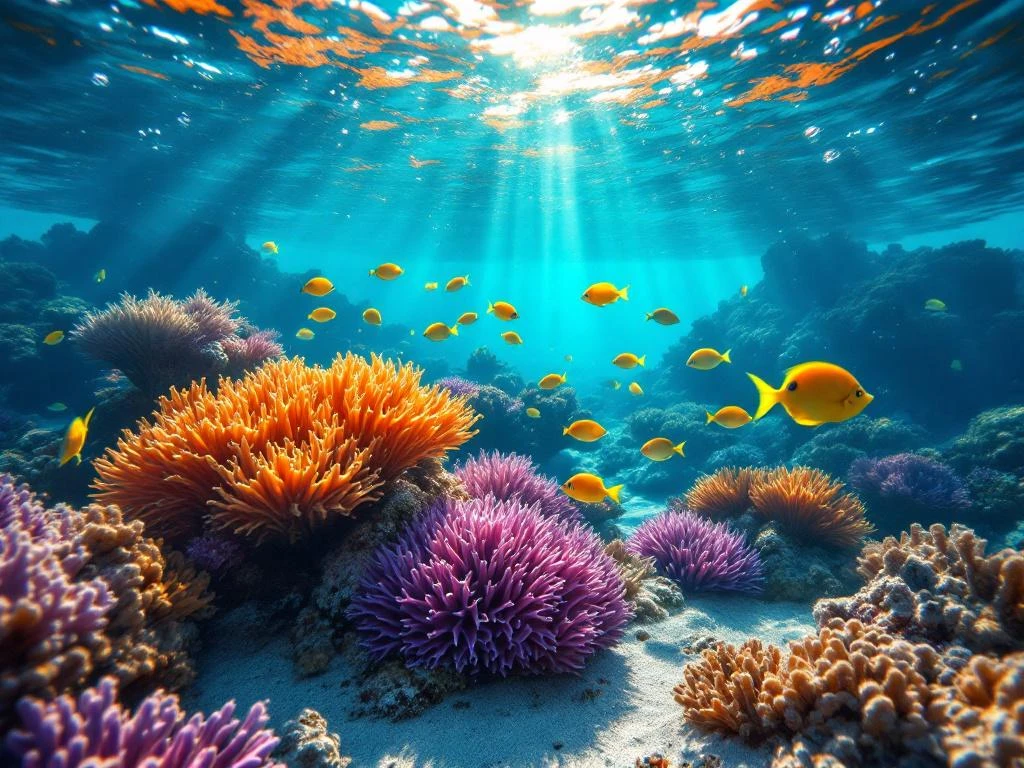 Vibrant Caribbean coral reef with tropical fish, purple and orange corals, and sunlight rays in turquoise water