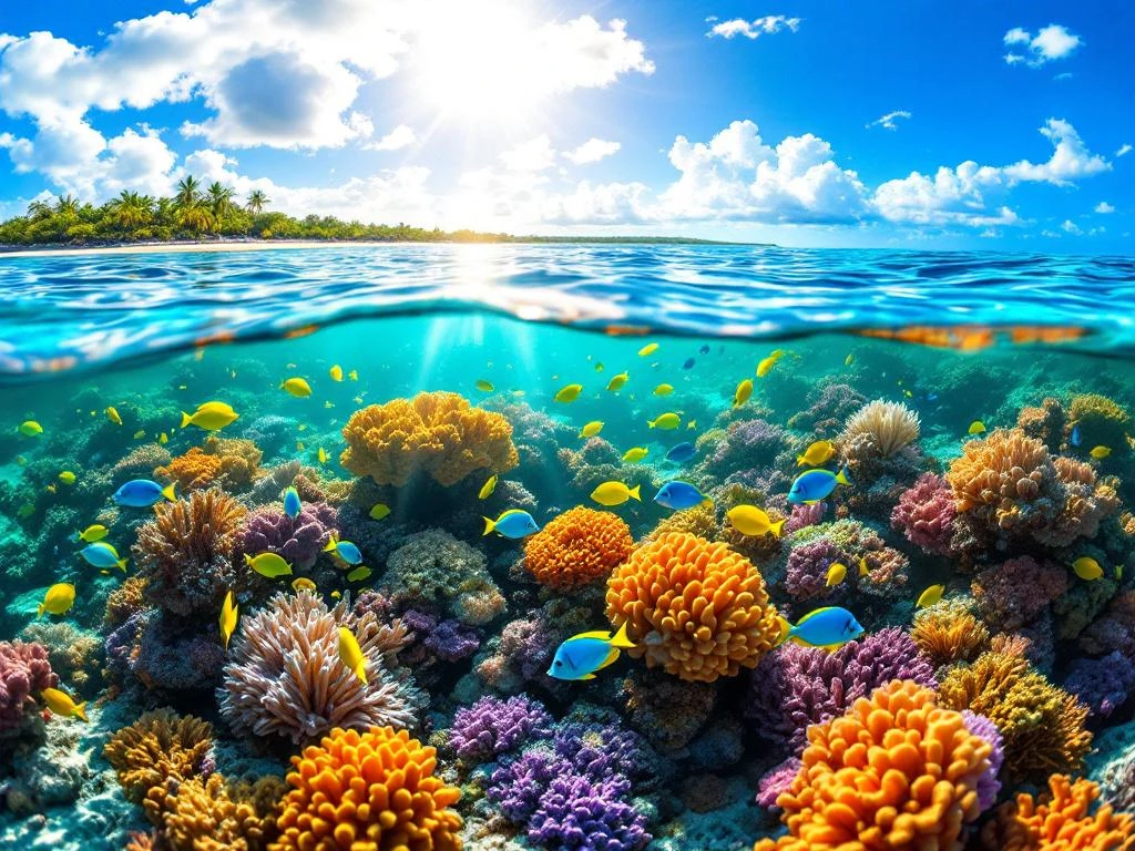 Vibrant Caribbean coral reef with tropical fish, sunbeams, and split-view of turquoise waters near Aruba coastline
