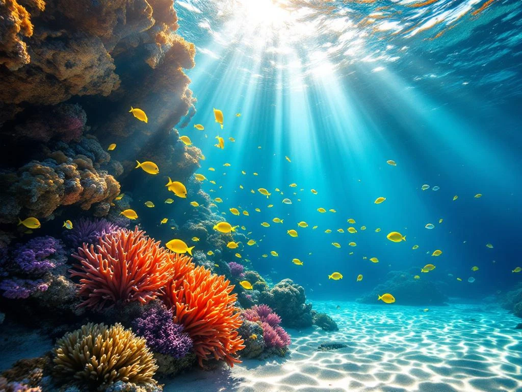 Vibrant Caribbean coral reef with colorful tropical fish, god rays, and turquoise waters in crystal-clear detail