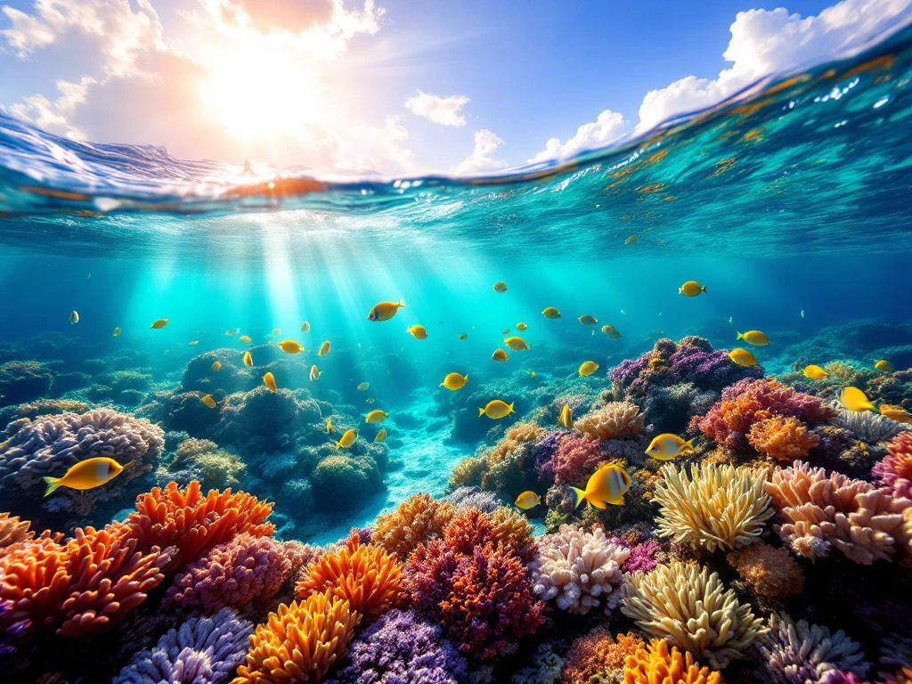 Split-view of Caribbean coral reef with tropical fish below turquoise water and sunbeams piercing the surface