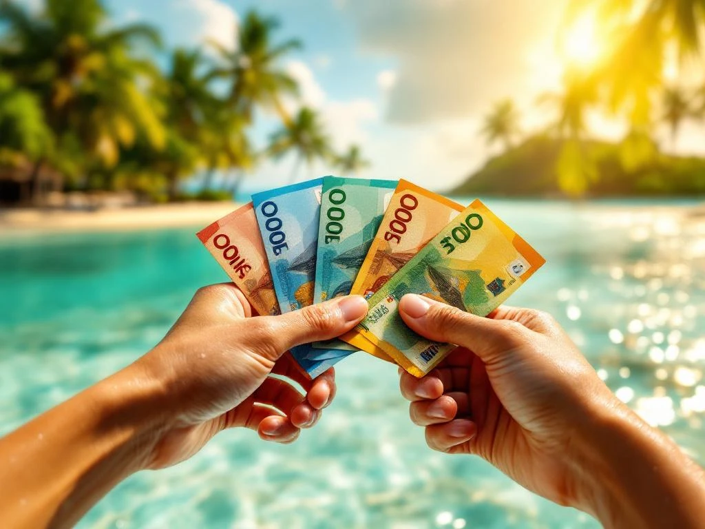 Hands exchanging colorful Caribbean currency bills with turquoise water and tropical coastline in sunny background