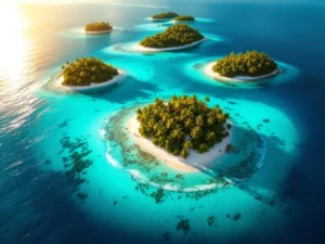 Aerial view of seven Caribbean islands with white beaches and turquoise waters at golden sunset