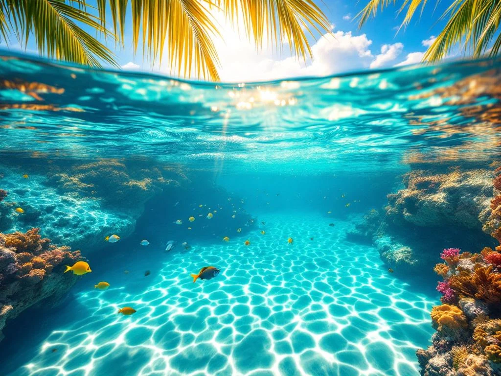 Crystal-clear turquoise Caribbean lagoon with tropical fish, coral formations, and palm fronds creating a pristine swimming paradise.