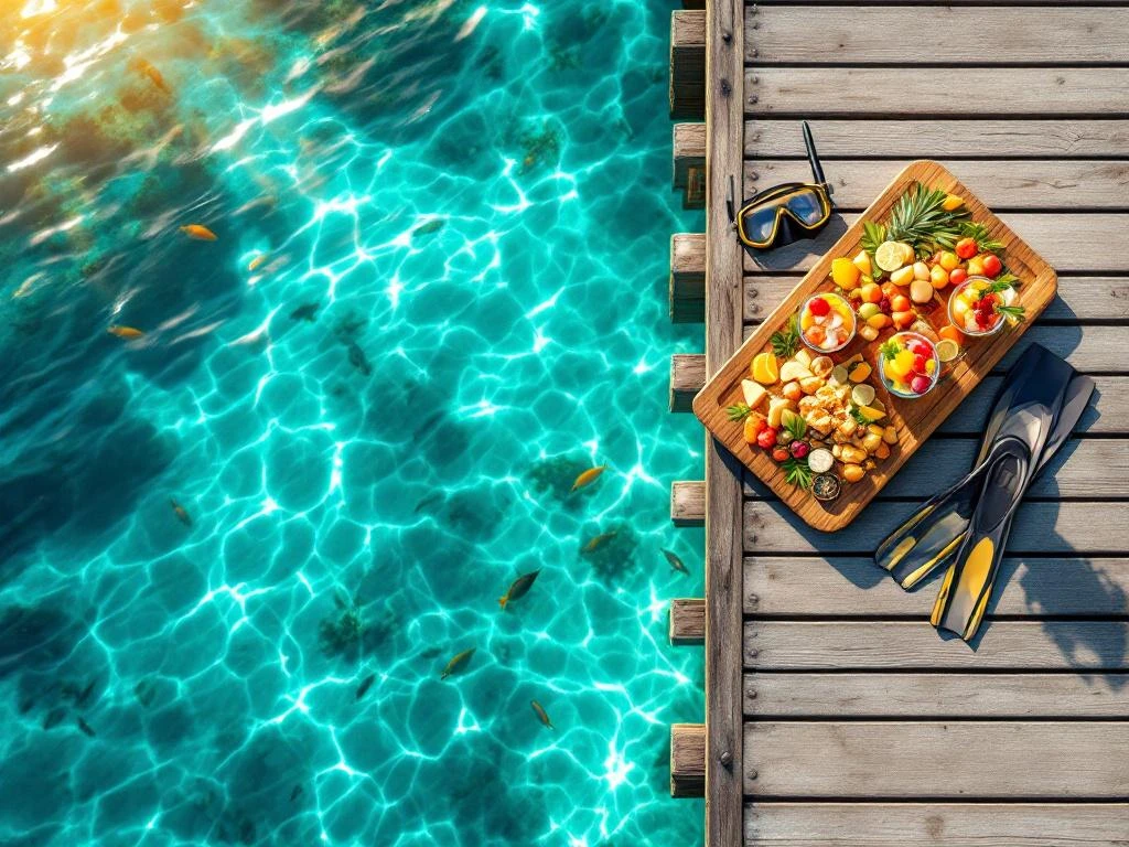 Wooden dock over turquoise Caribbean waters with cocktails, snorkeling gear, appetizers, and coral reefs visible below