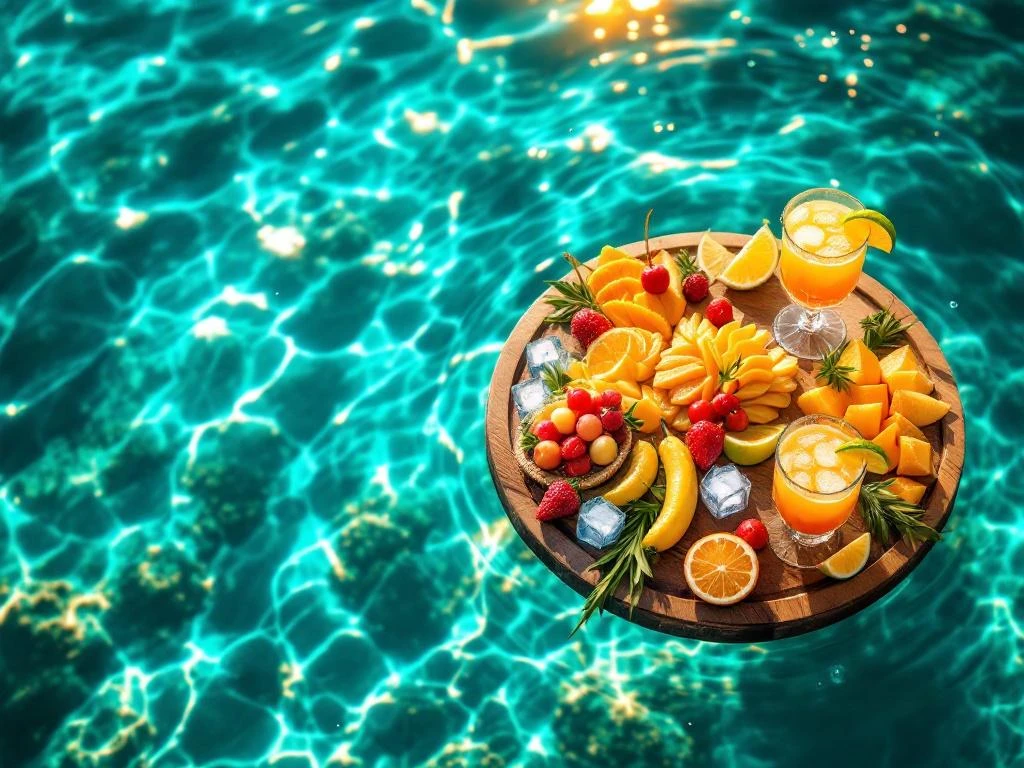 Wooden platter with Caribbean appetizers, tropical fruits, and cocktails floating on turquoise water above coral reef